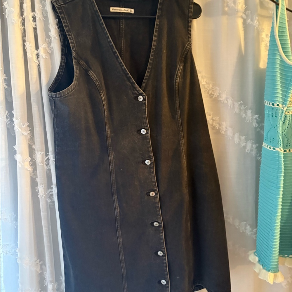 Abercrombie & Fitch Black Denim vest Button-Front Mini Dress